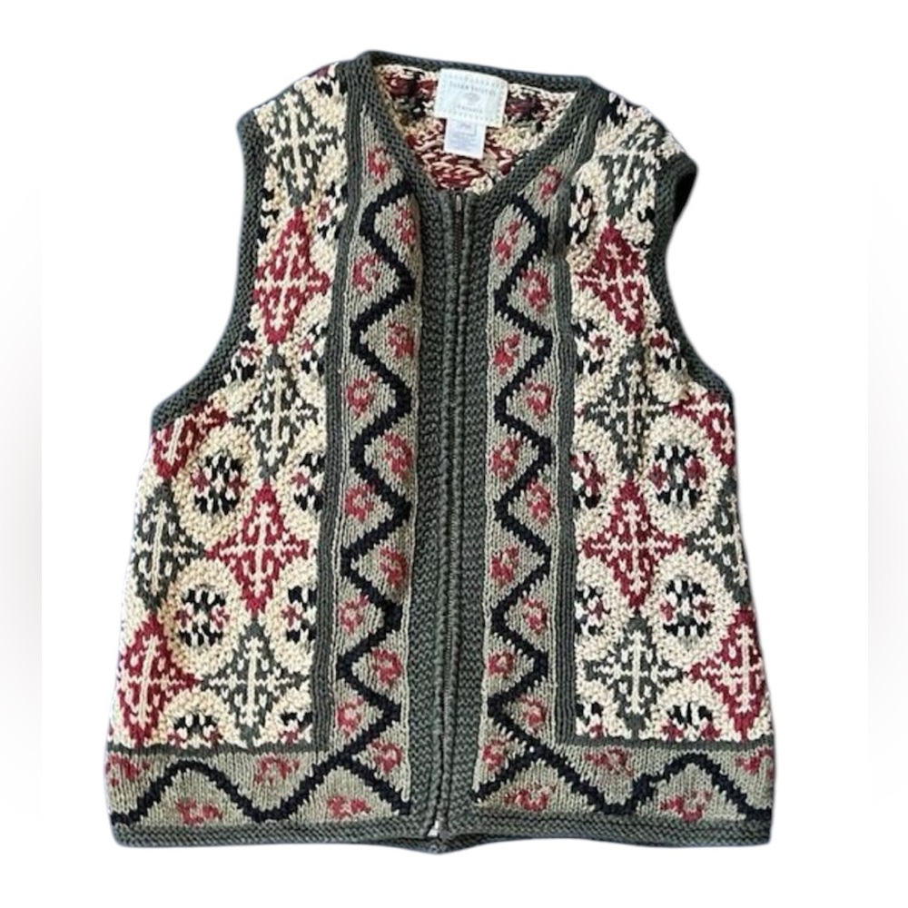 Susan‎ Bristol Green Red Zip Up Sweater Vest Size Petite Medium Vintage 90s